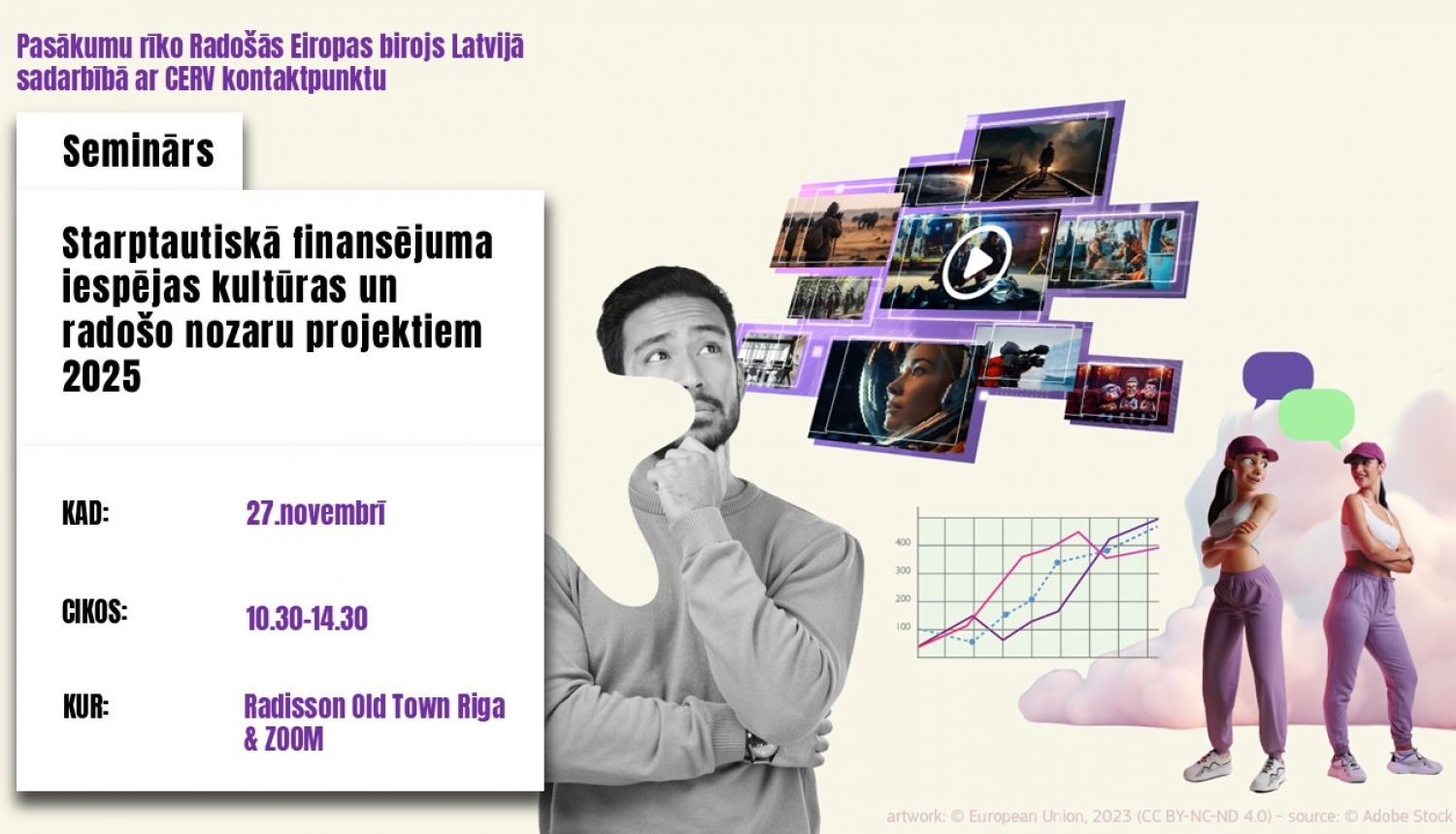 Pasākums par finansējuma iespējām kultūras un radošajām nozarēm - vizuālais materiāls, kas attēlo pamata informāciju par pasākumu - pasākums notiks 27. novembrī plkst. 10.30, Zoom un Radisson Hotel Old Town Riga.