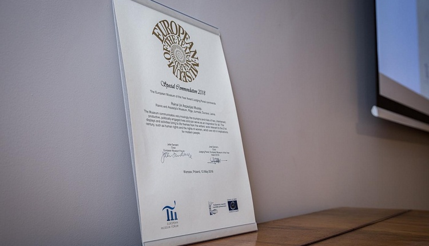 Raiņa un Aspazijas muzejs saņem Speciālo atzinību Eiropas Muzeju gada balvas konkursā