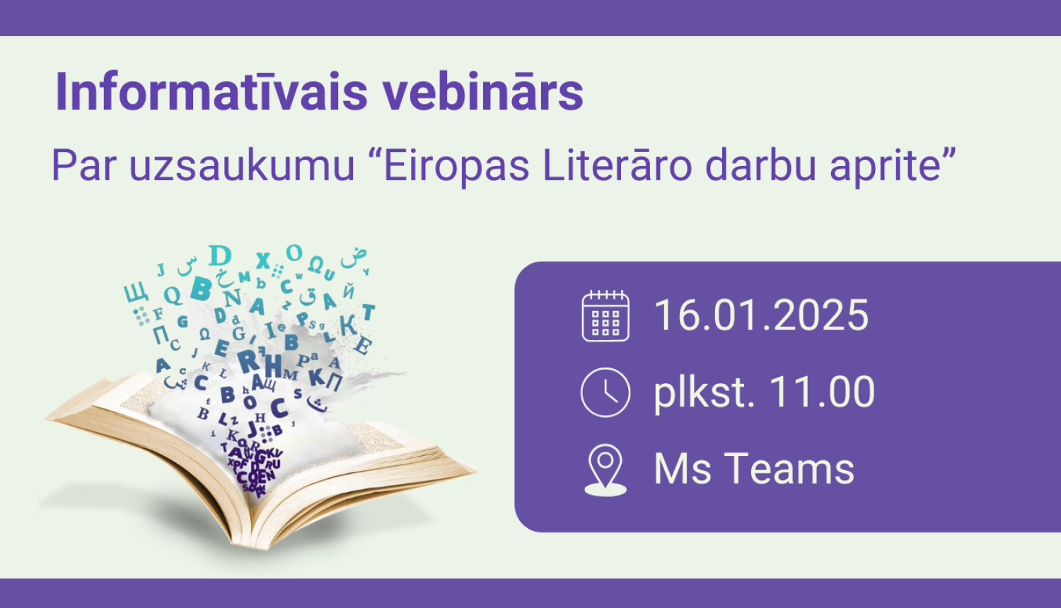 Vizuālais materiāls pasākumam "Vebinārs par Eiropas Literāro darbu aprites konkursu" , kas attēlo grāmatu uz gaiši zaļā fona kopā ar informatīvo tekstu par pasākuma norisi