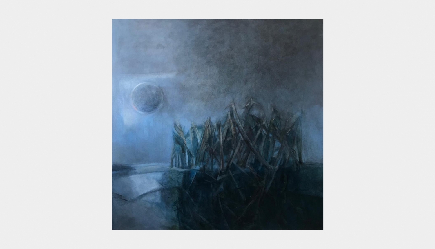 Linda Daņiļevska “21.marta rīts – zudis Kuindži memoriāls”, 2022, audekls, eļļa, 100x100 cm. 