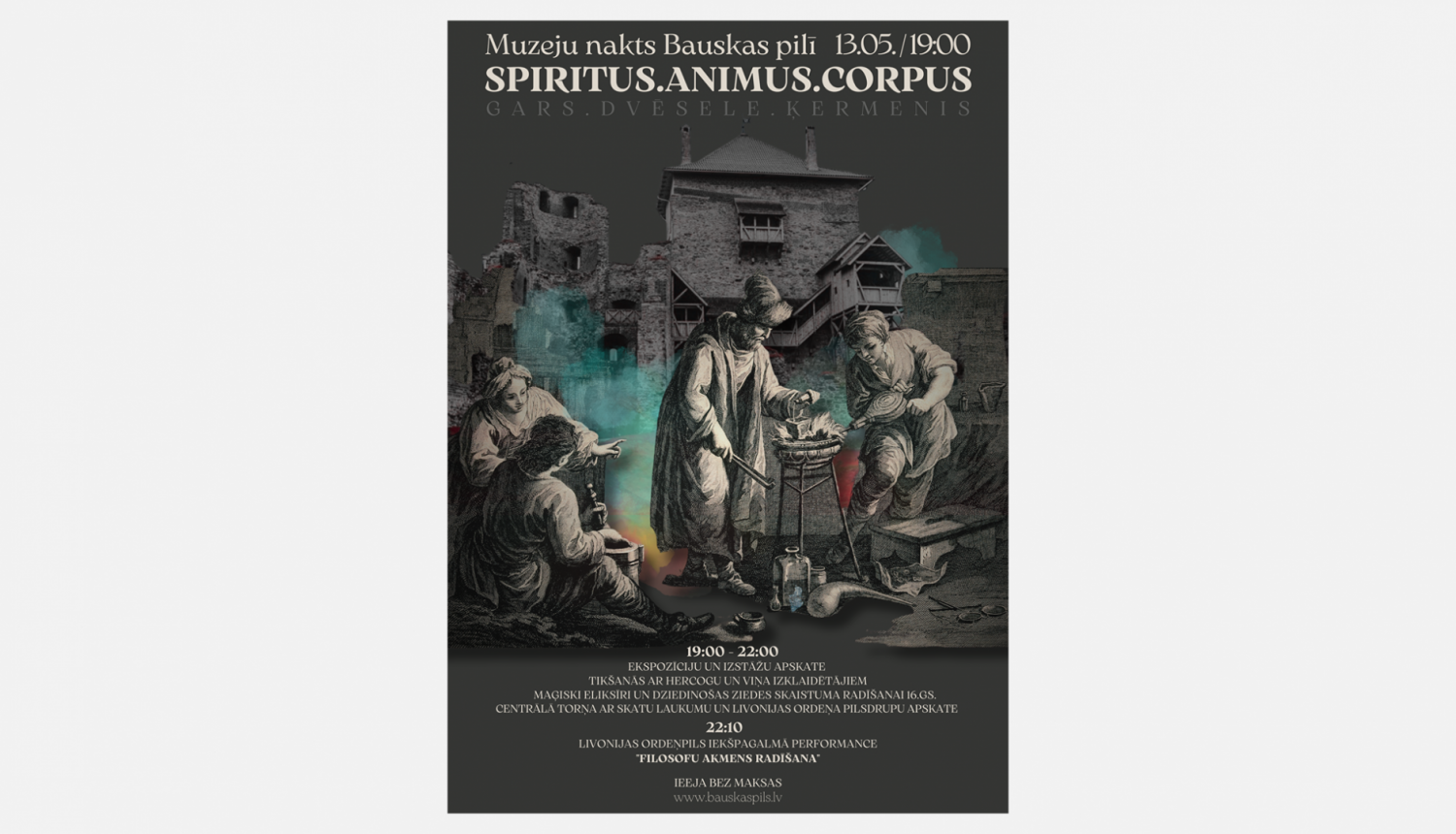 Muzeju nakts Bauskas pilī “ Spiritus, Aminus, Corpus” plakāts