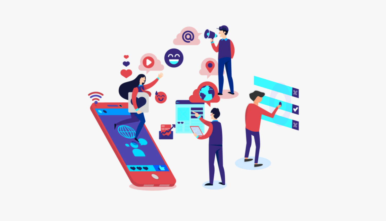 Stilizēts attēls ar cilvēciņiem, kas patērē saturu savās viedierīcēs