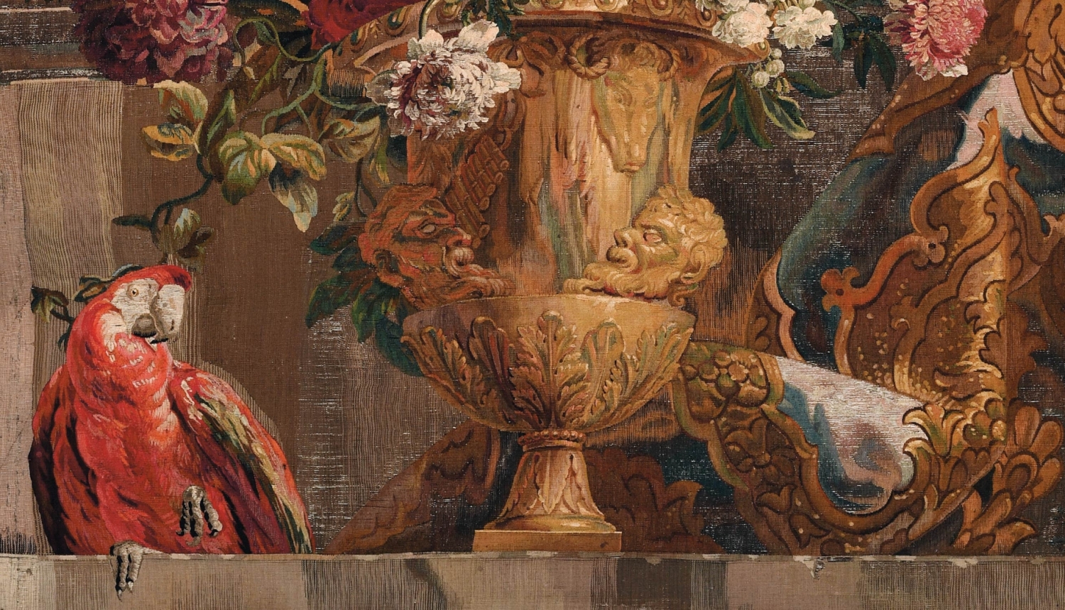 Fragments no gobelēna "Ziedu vāze un sarkanais papagailis". Žans Batists Monuajē. Vilna, zīds, starp 1830 un 1848. Mobilier national kolekcija.